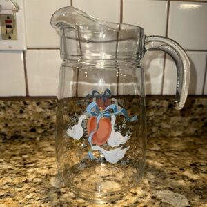 Glass Pitcher with Heart and Goose Design
